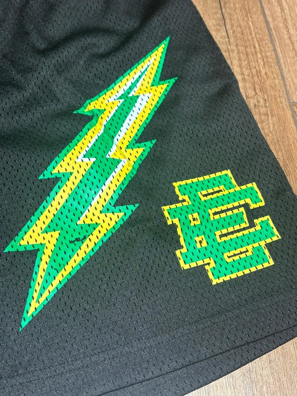 Eric Emanuel EE Black Mesh Shorts with Green & Yellow Lightning Bolts Size Small